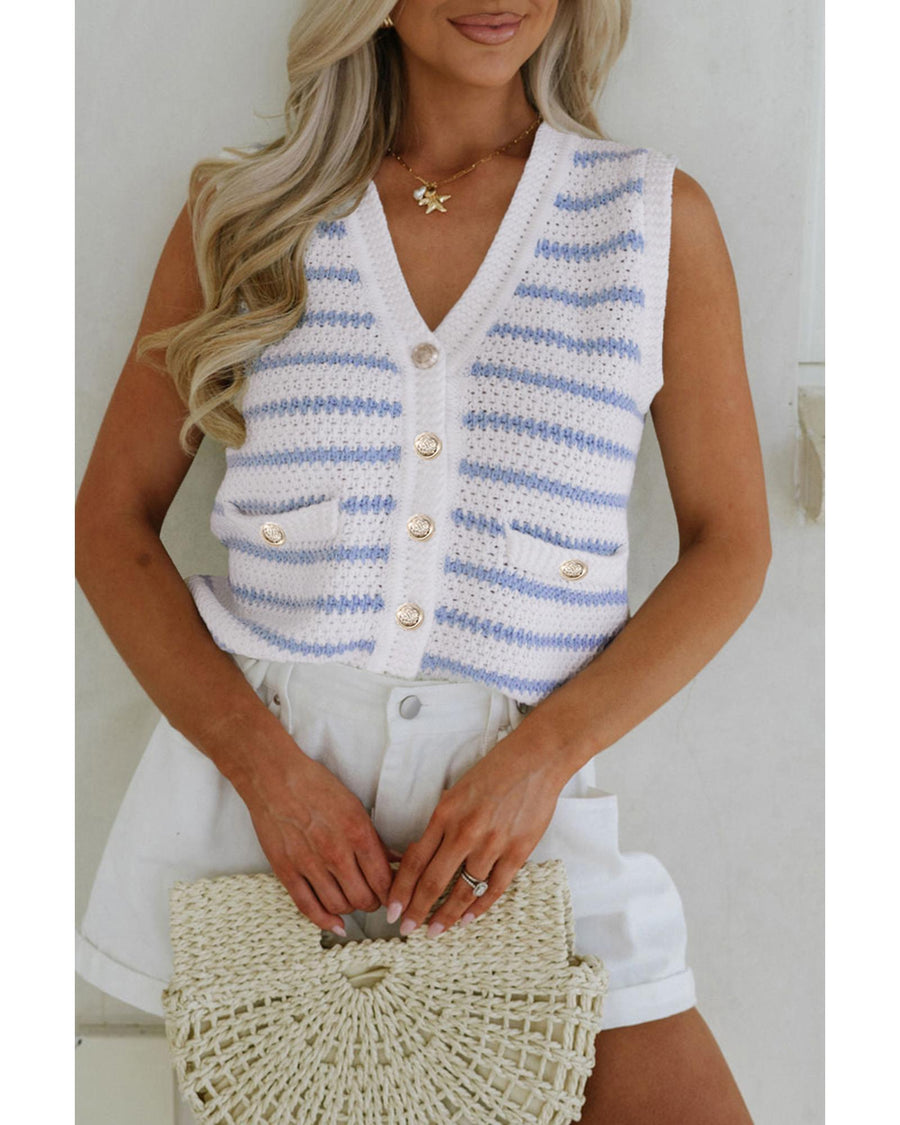 Sky Blue Stripe V Neck Gold Buttons Elegant Sweater Vest - M