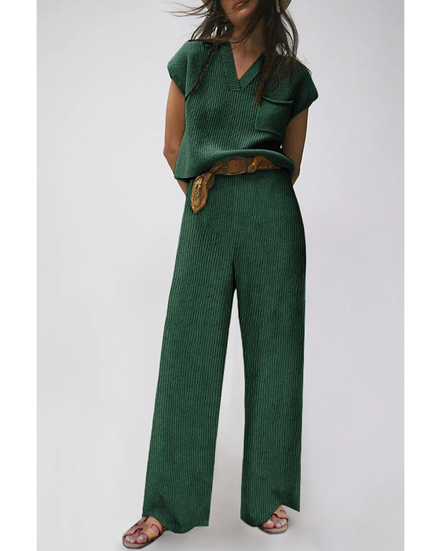 Green Knitted V Neck Sweater and Casual Pants Set - L