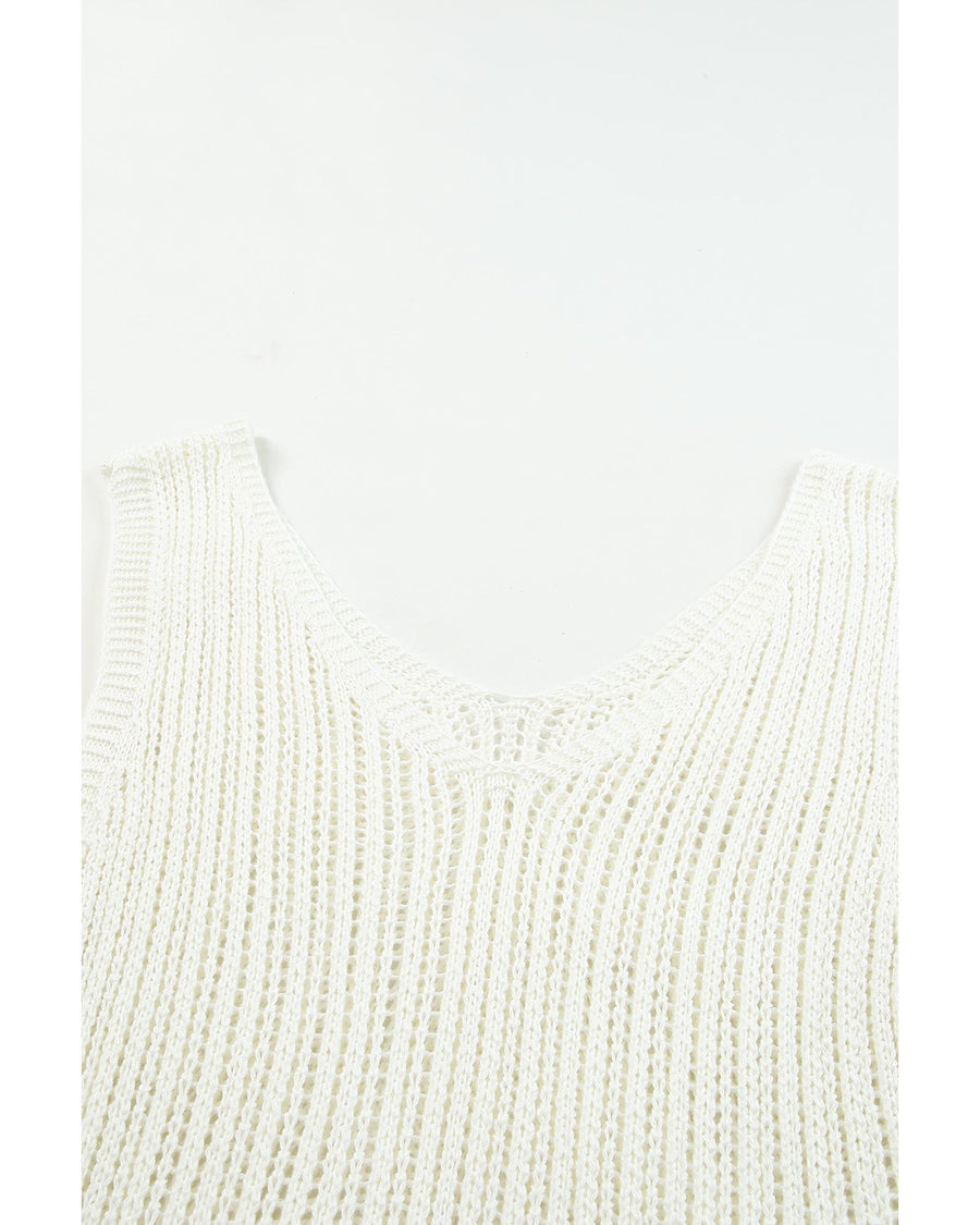 White Hollowed Knit V Neck Tank Top - XL