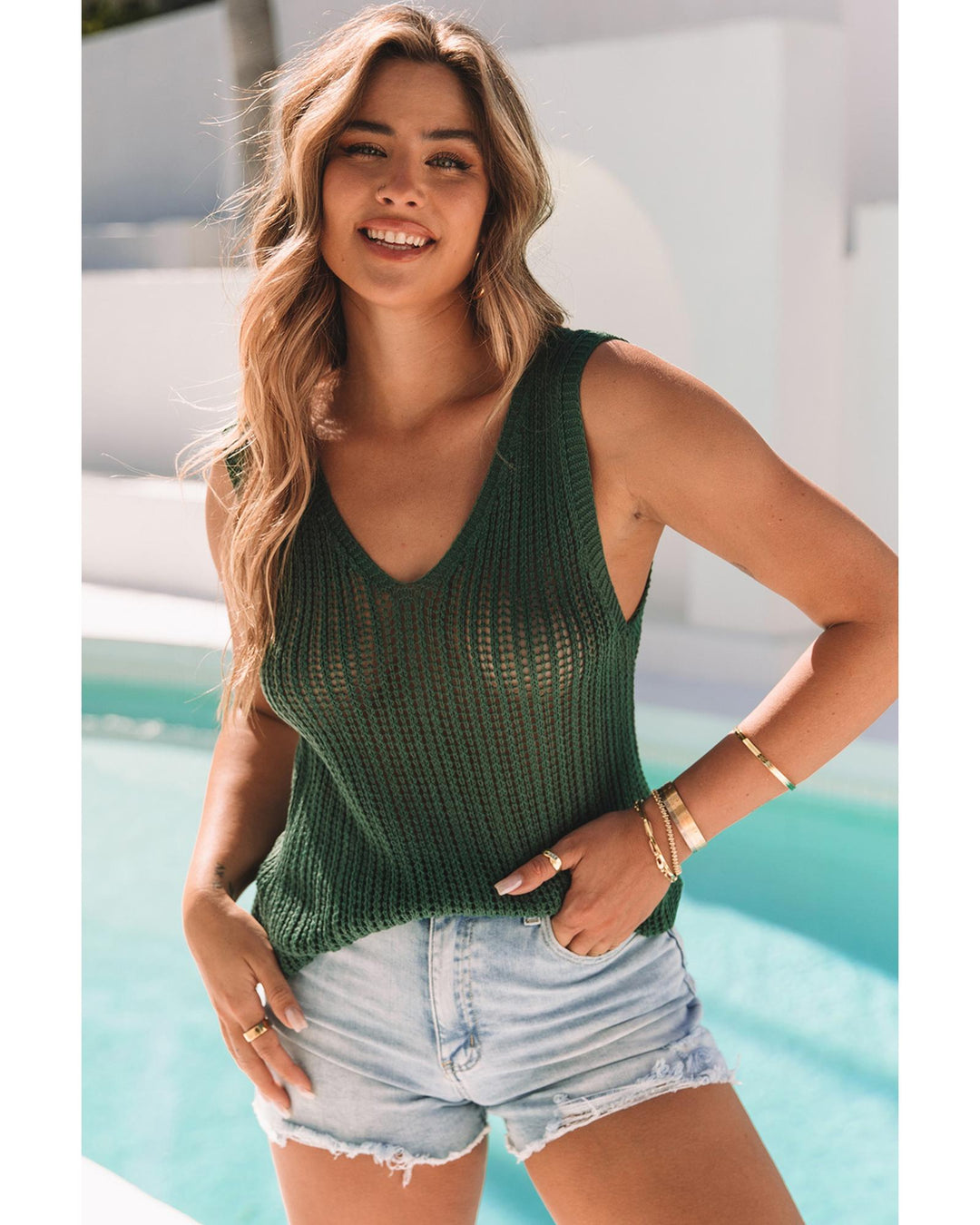 Green Hollowed Knit V Neck Tank Top - XL