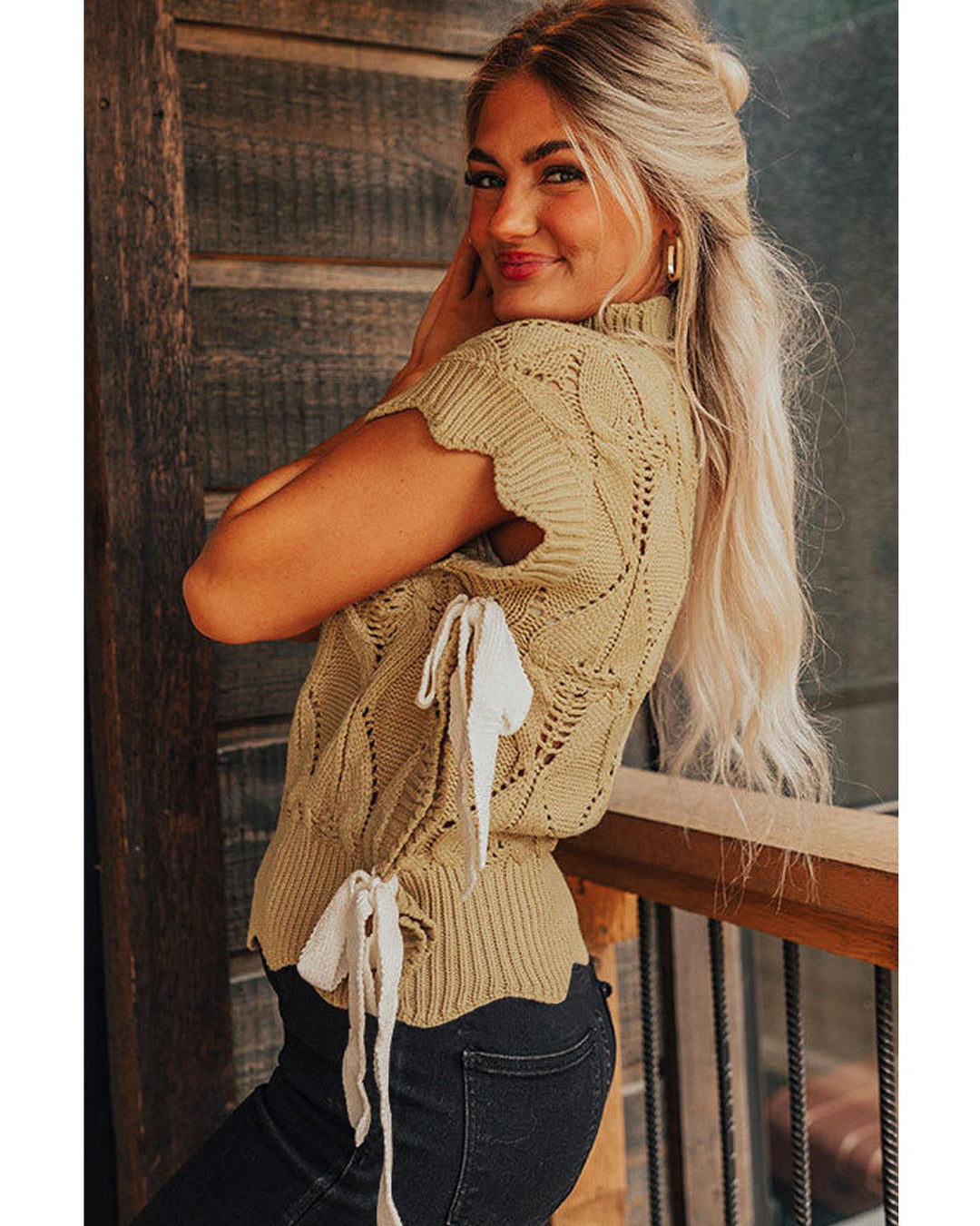 Light French Beige Hollowed Knit Scalloped Trim High Neck Sweater - M