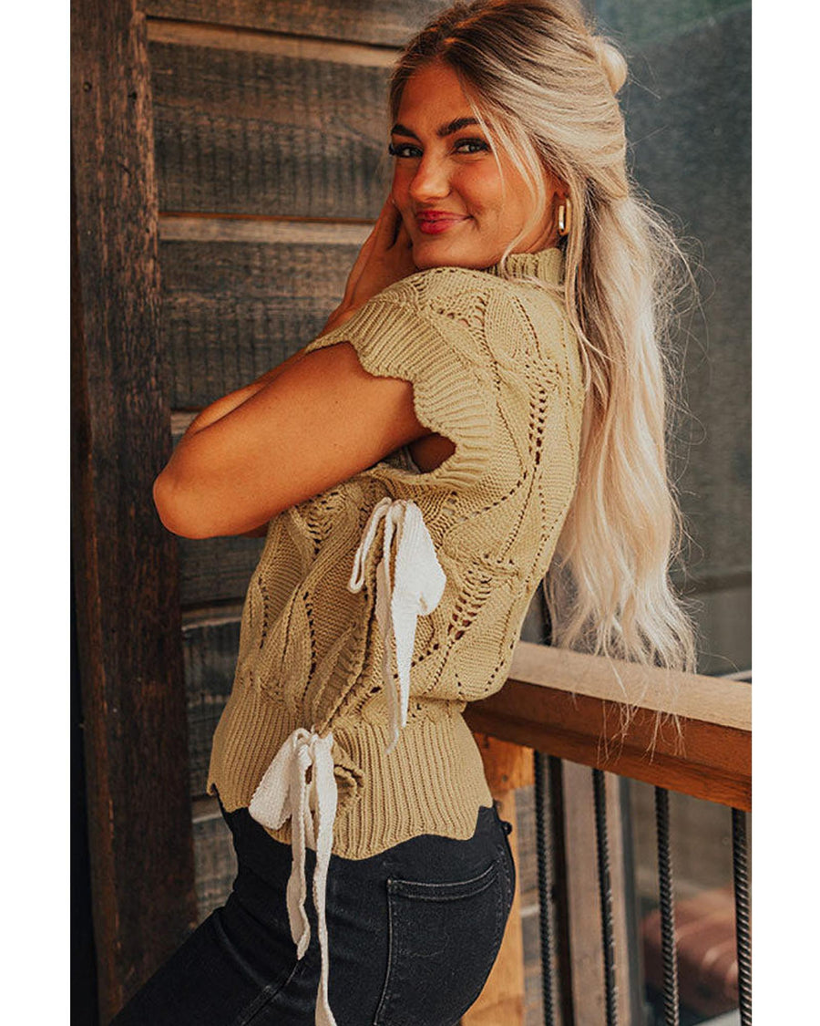Light French Beige Hollowed Knit Scalloped Trim High Neck Sweater - M