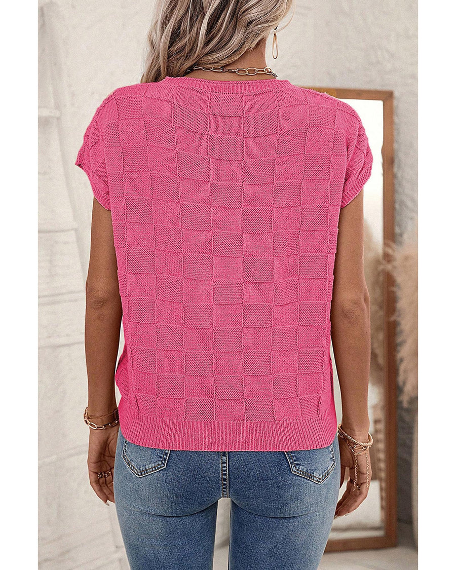 Bright Pink Lattice Textured Knit Short Sleeve Sweater - L