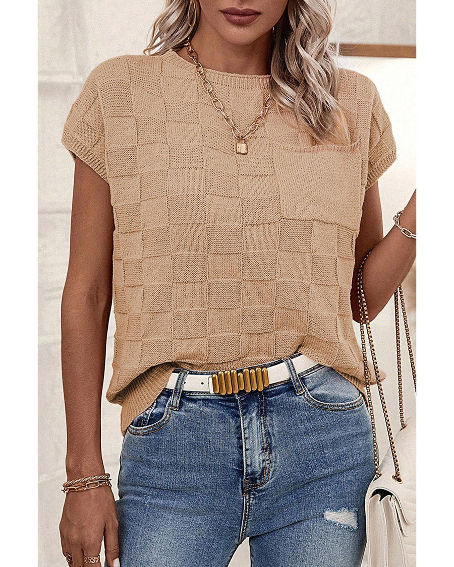 Smoke Gray Lattice Textured Knit Short Sleeve Sweater - M