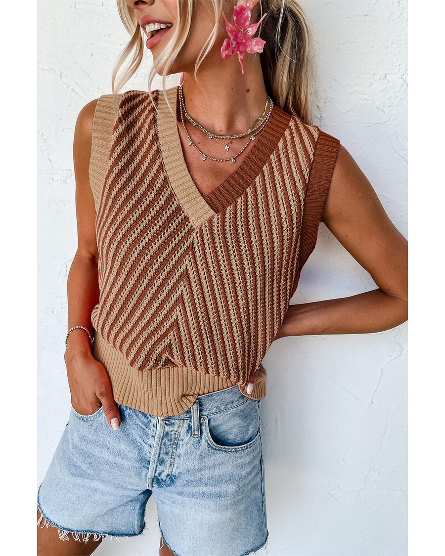 Light French Beige Contrast Chevron Knit V Neck Sweater Vest - L