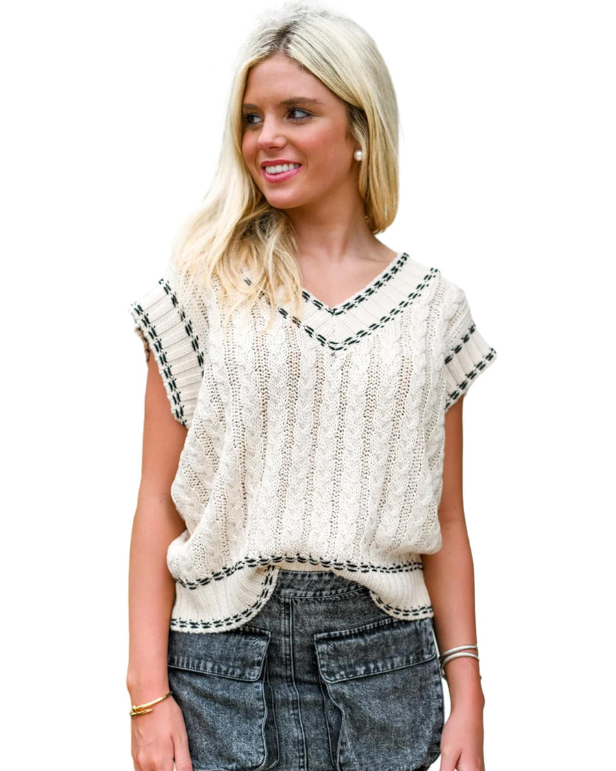 White Contrast Trim V Neck Cable Knit Sweater Vest - M