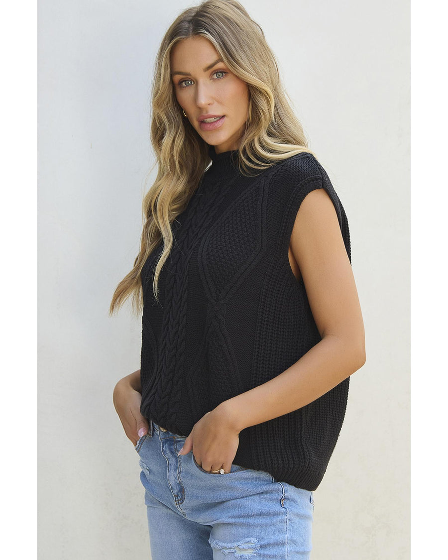 Black Solid Color Cable Knit High Neck Sweater Vest - XL
