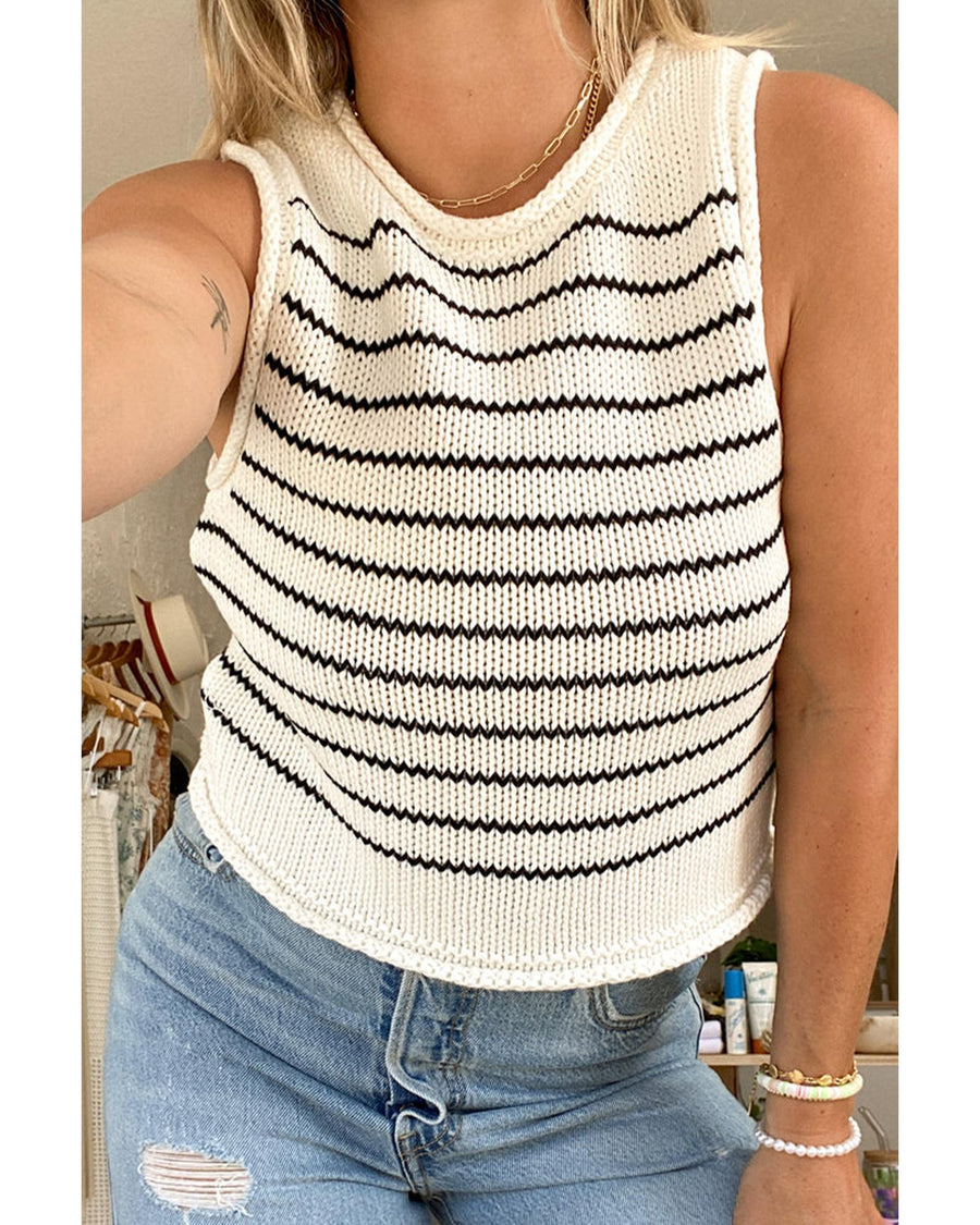 Black Stripe Raw Edge Crew Neck Knitted Vest - XL