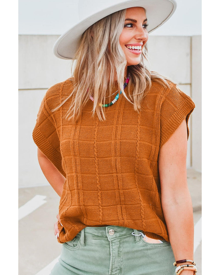 Chestnut Grid Textured Short Sleeve Sweater - L