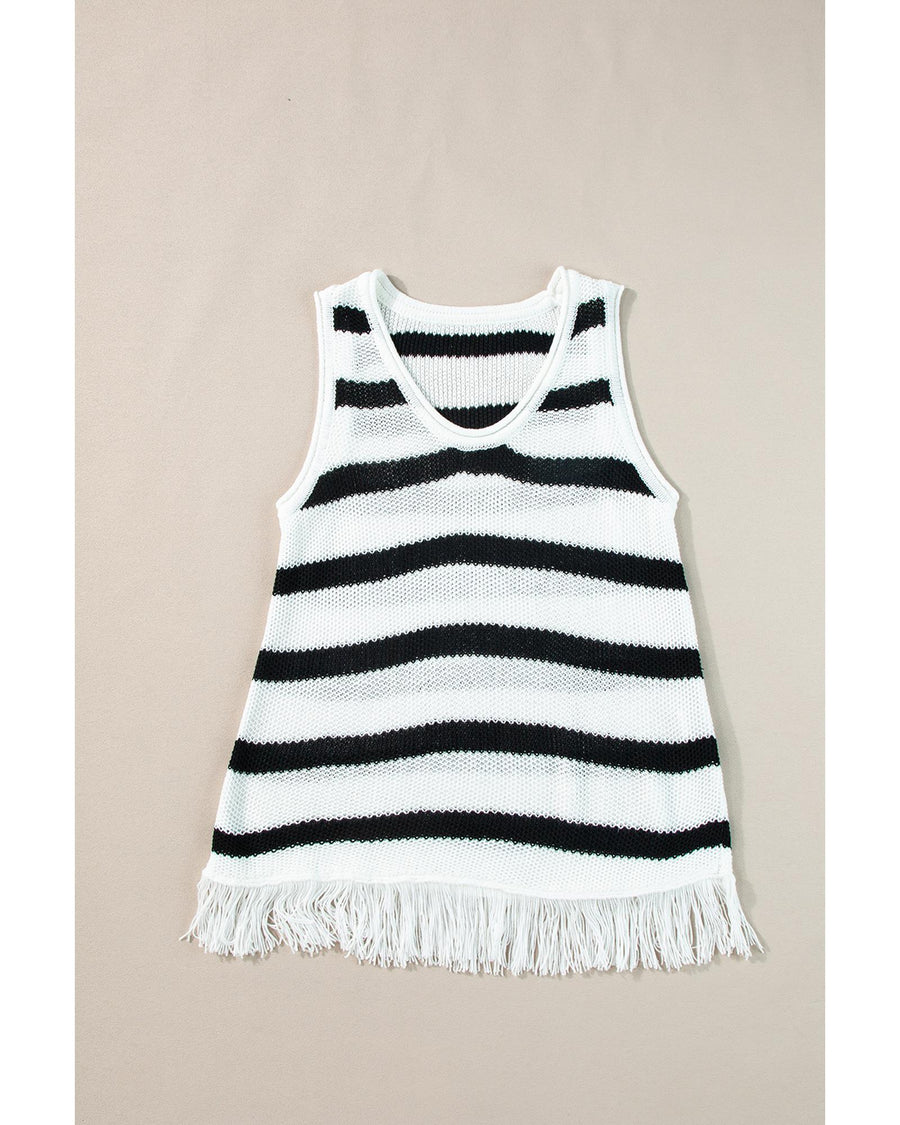 Beige Stripe Loose Knit Fringe Tank Top - 2XL