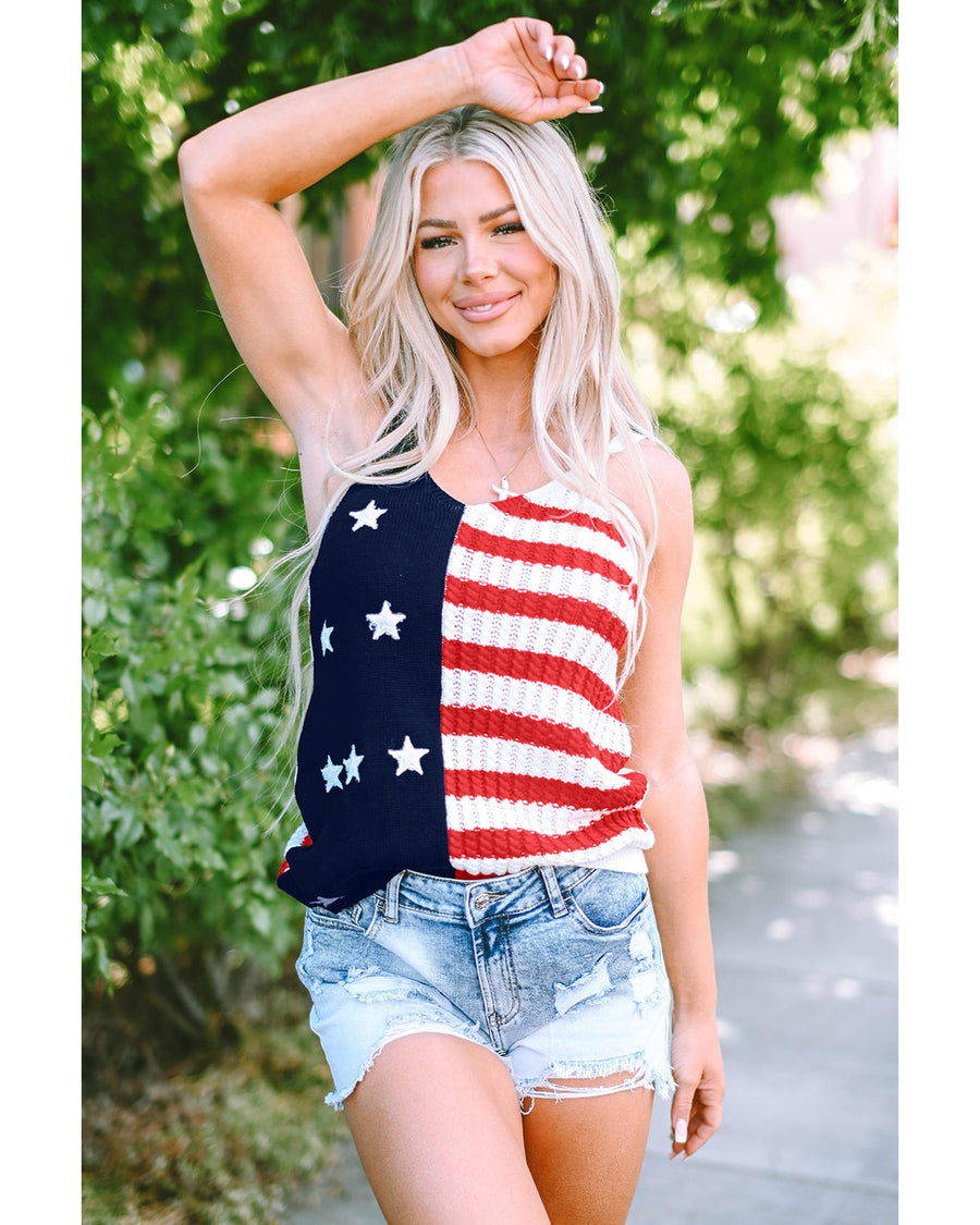 Red Stars and Stripes Flag Pattern Knitted Tank - L
