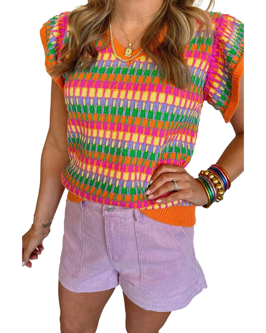 Orange Multicolor Flutter Sleeve Knitted Sweater Top - S