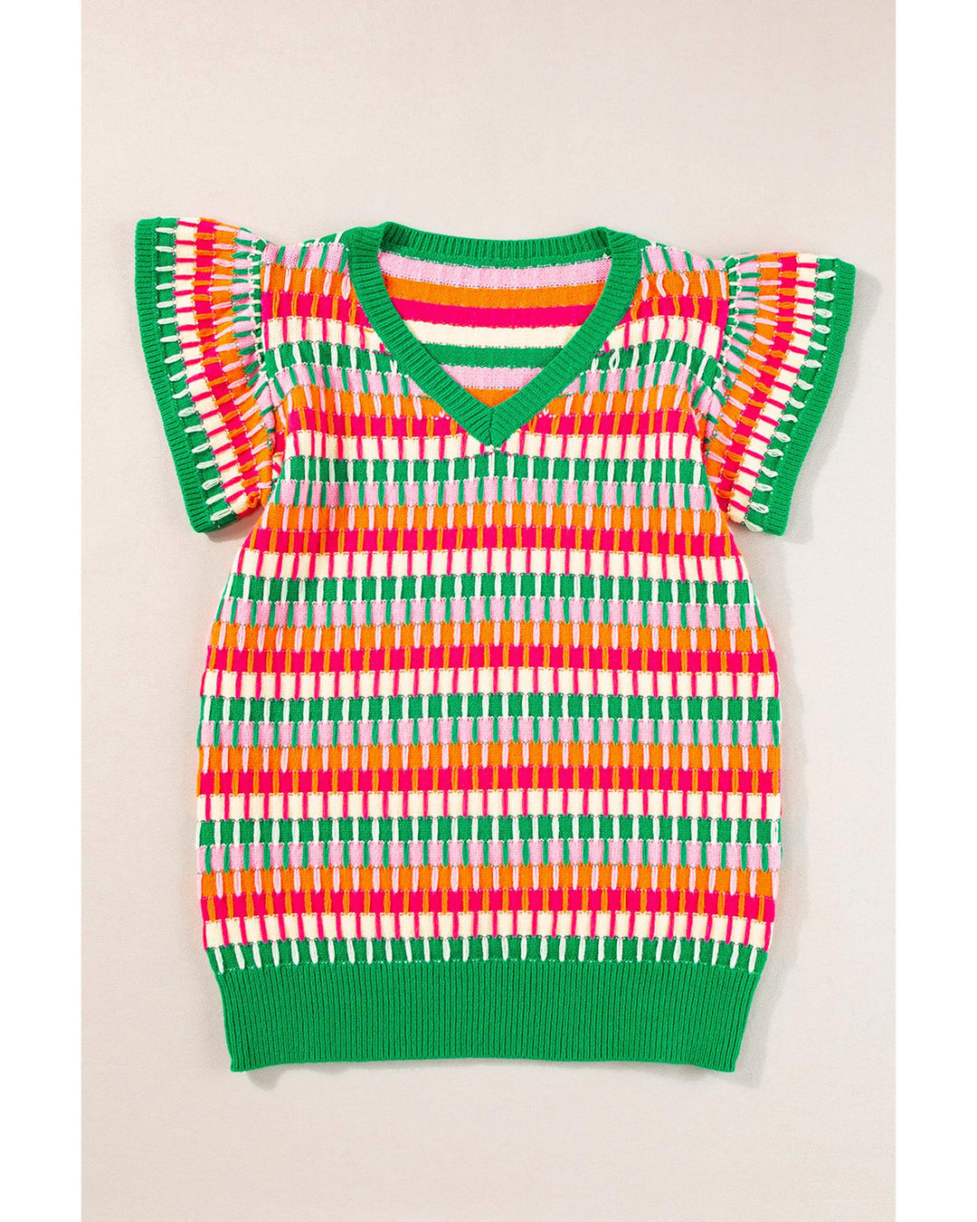Green Multi Flutter Sleeve Knitted Sweater Top - L