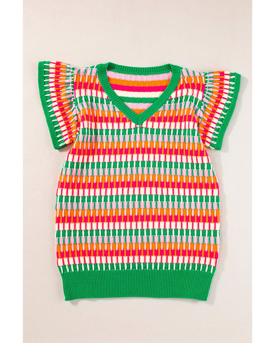 Green Multi Flutter Sleeve Knitted Sweater Top - L