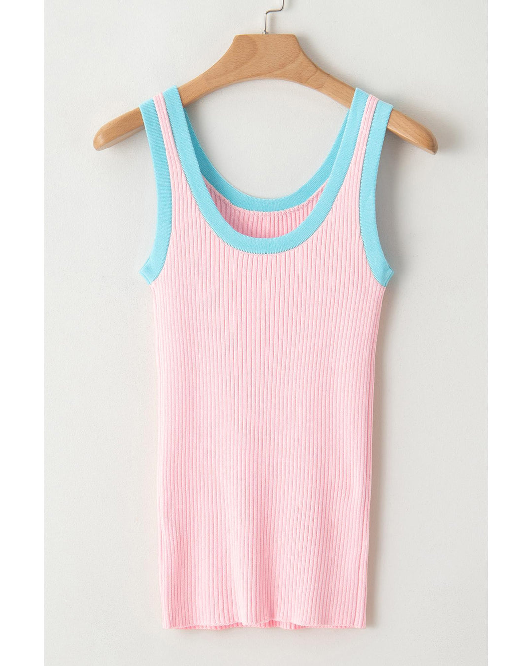 Pink Colorblock Edge Ribbed Knit U Neck Tank Top - L