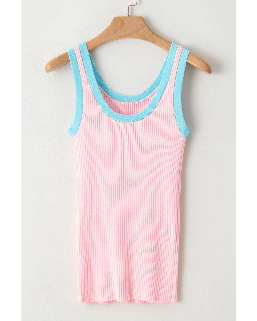 Pink Colorblock Edge Ribbed Knit U Neck Tank Top - L