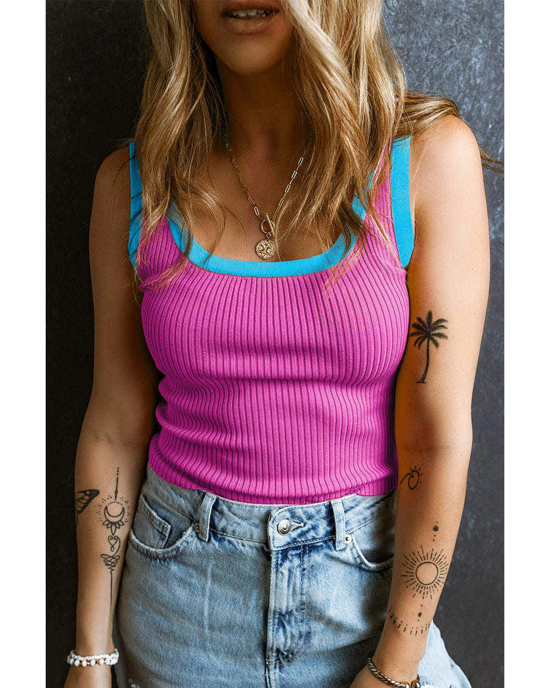 Bright Pink Colorblock Edge Ribbed Knit U Neck Tank Top - M