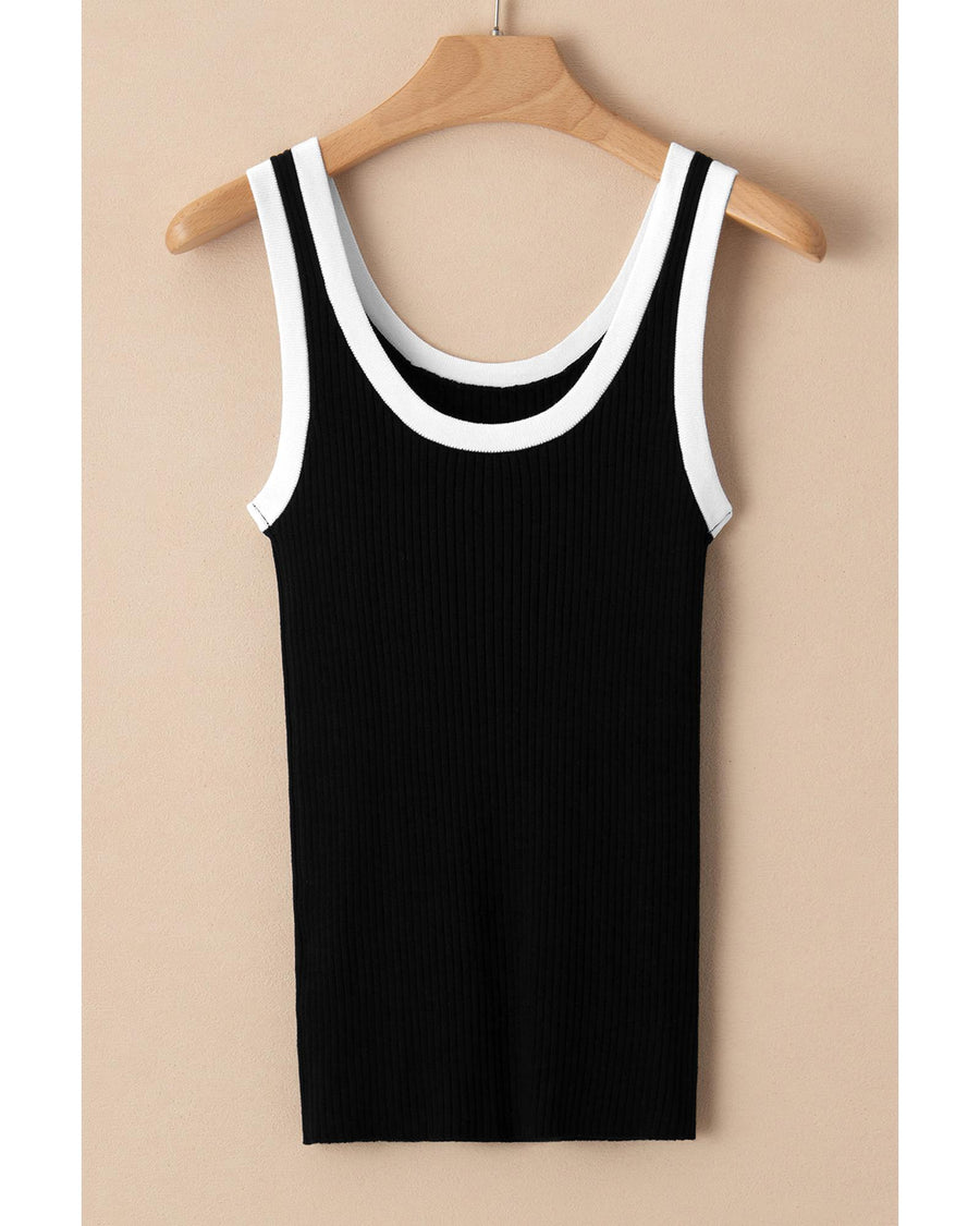 Black Colorblock Edge Ribbed Knit U Neck Tank Top - L