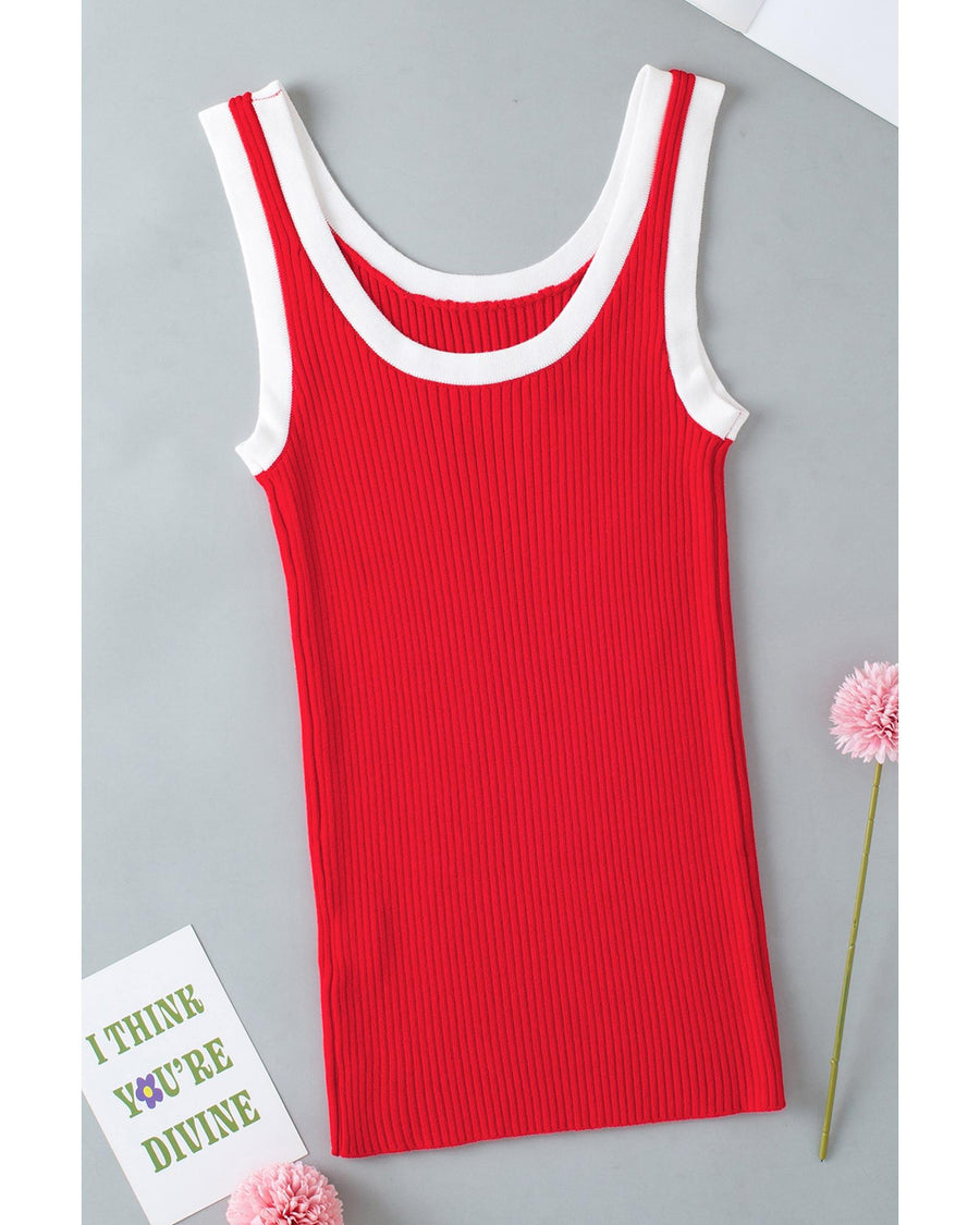 Fiery Red Colorblock Edge Ribbed Knit U Neck Tank Top - M