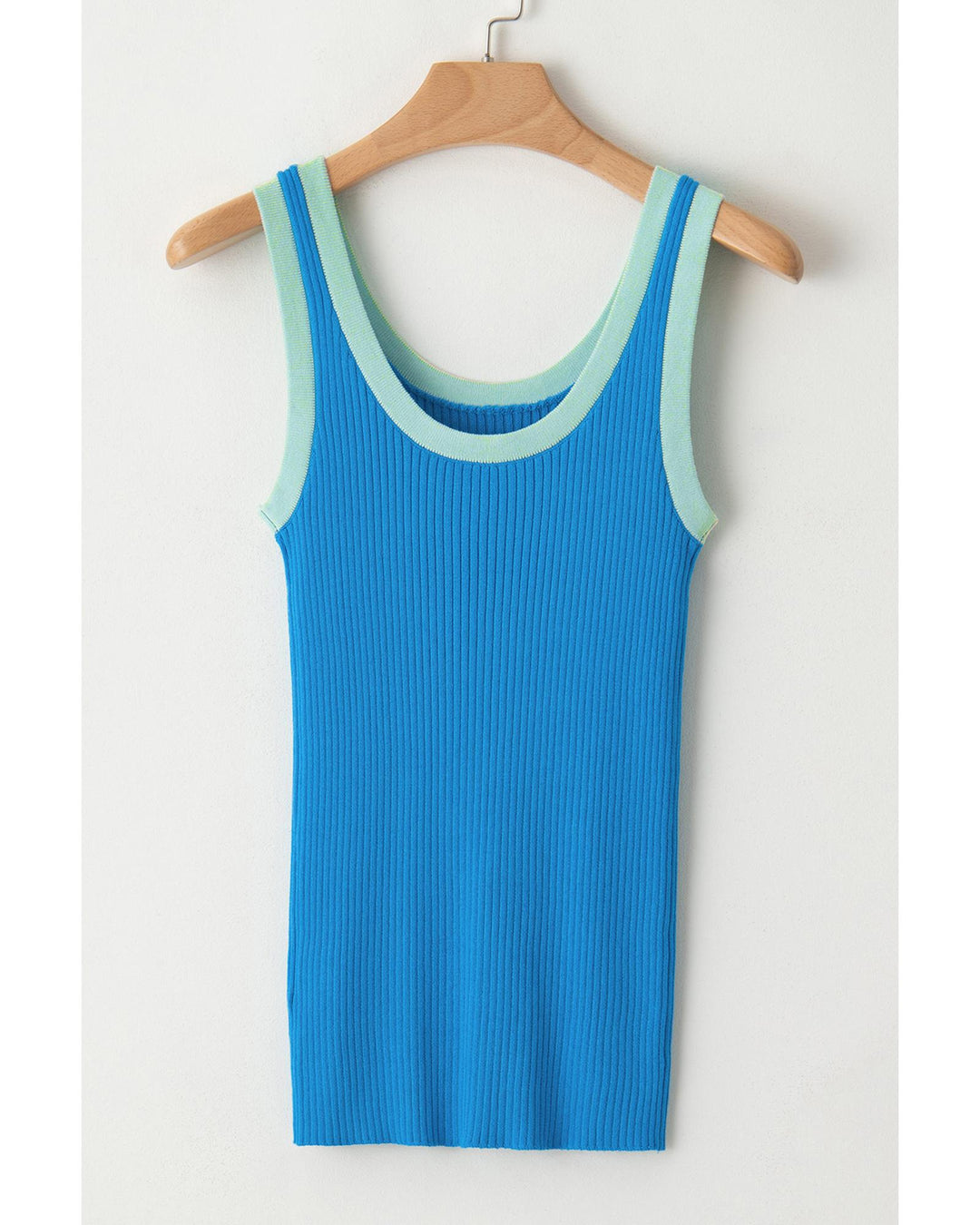 Blue Colorblock Edge Ribbed Knit U Neck Tank Top - XL