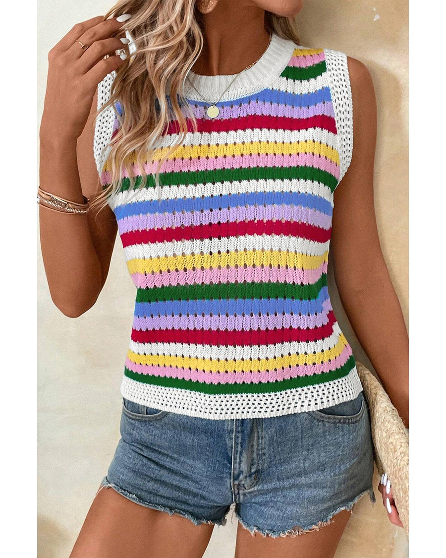 Multicolour Striped Knitted Eyelet Slim Sweater Vest - XL