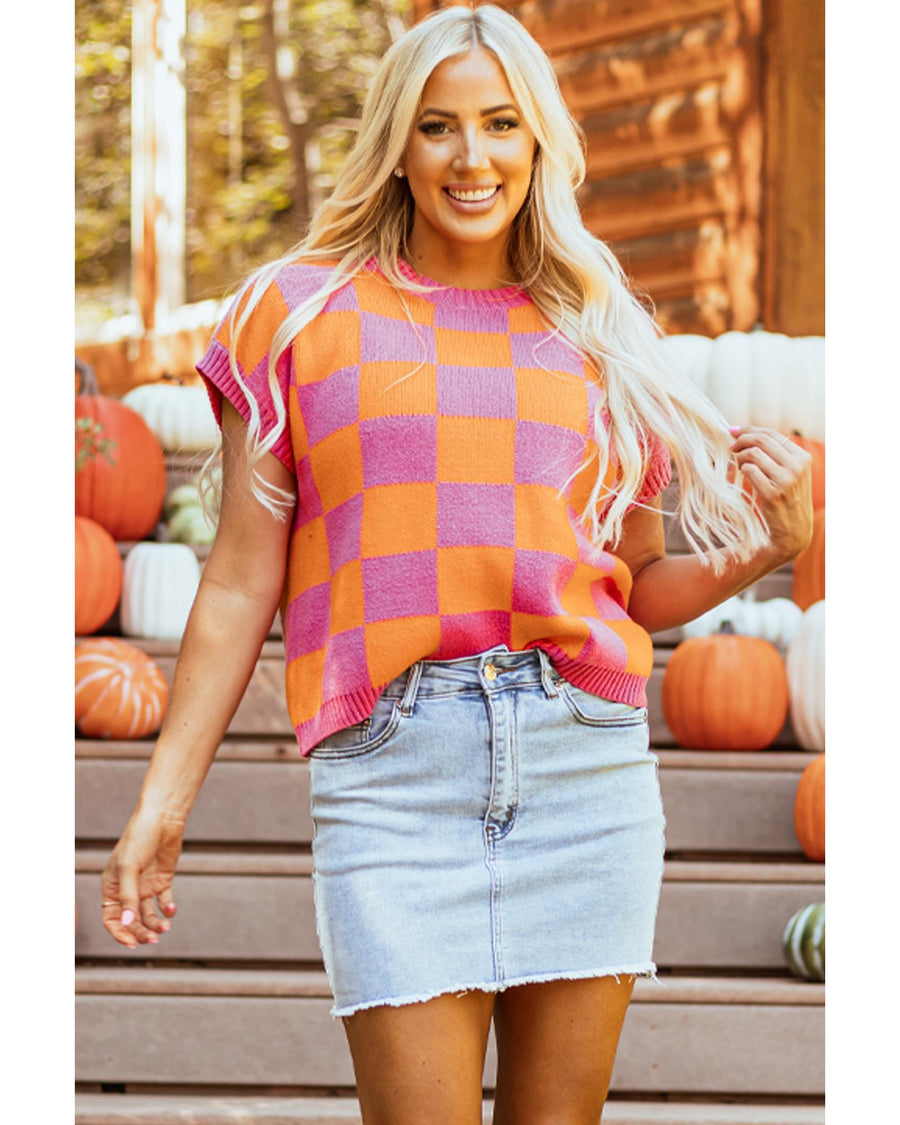 Strawberry Pink Colorblock Plaid Pattern Ribbed Trim Sweater Tank Top - L