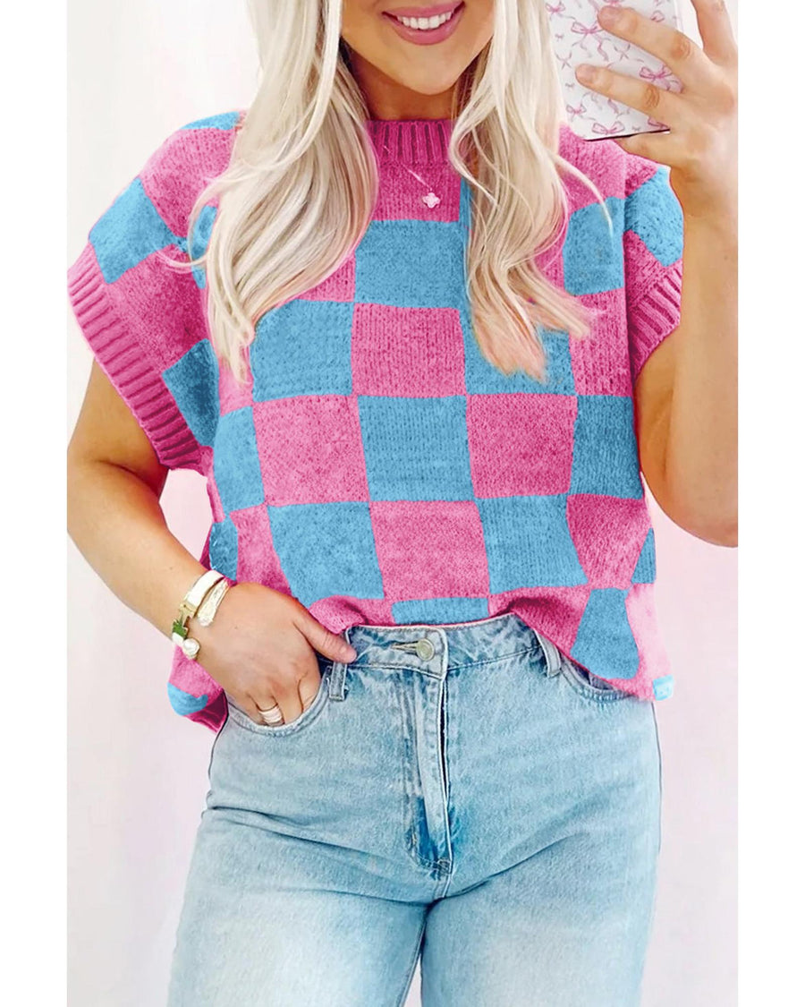 Sachet Pink Colorblock Plaid Pattern Ribbed Trim Sweater Tank Top - XL