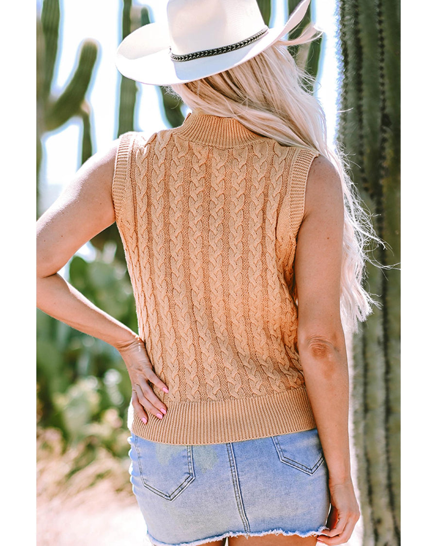Light French Beige Solid Color Cable Knit High Neck Tank Top - XL
