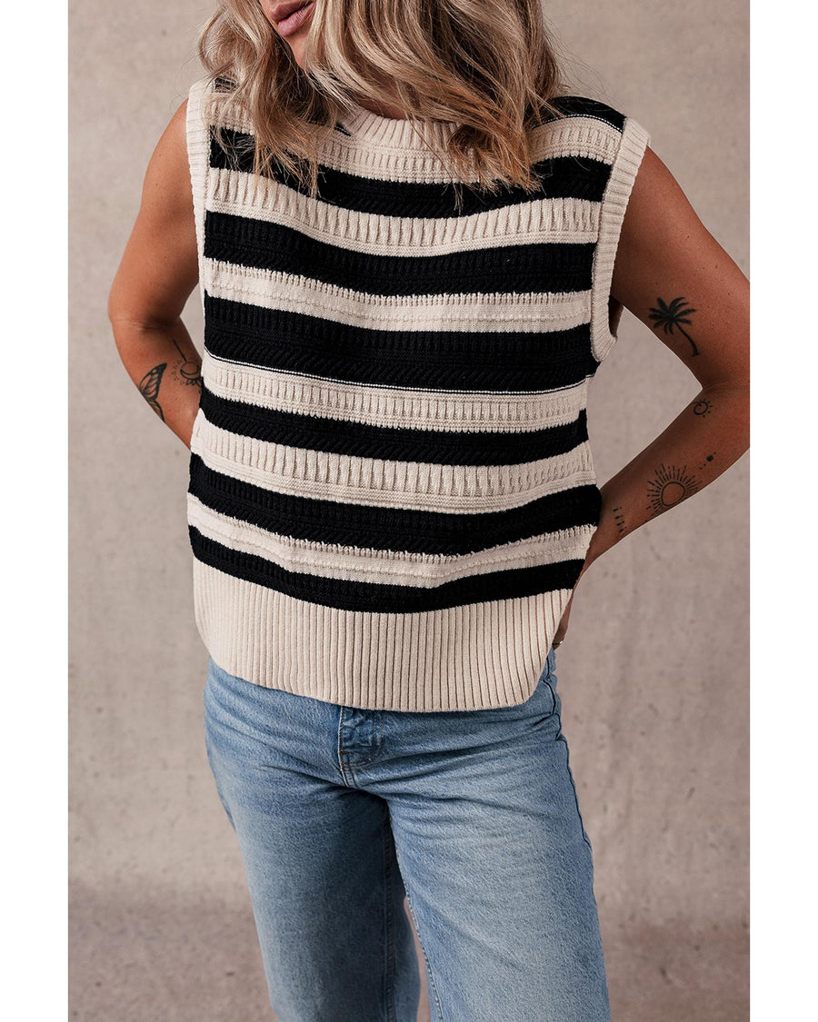 Black Stripe Ribbed Trim Knitted Sweater Vest - L