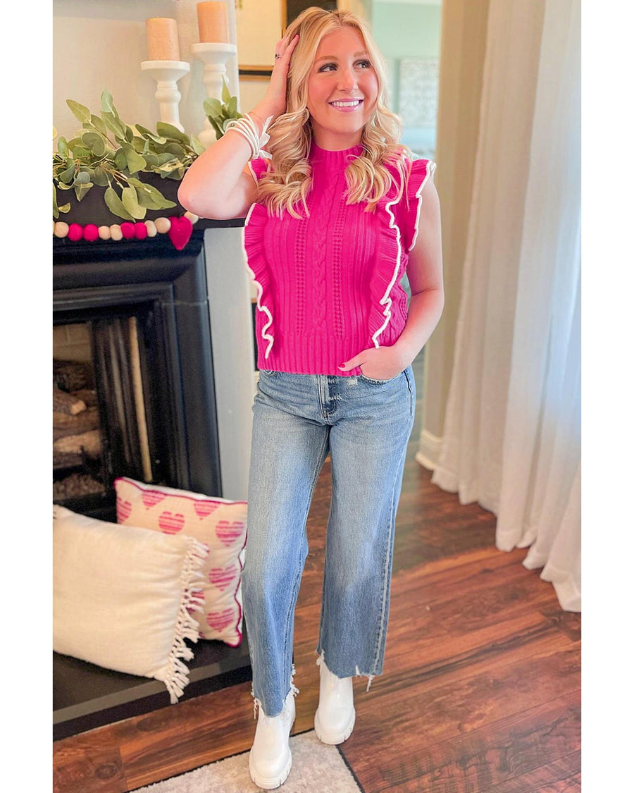 Strawberry Pink Textured Knit Ruffled Mock Neck Sweater Tank - XL