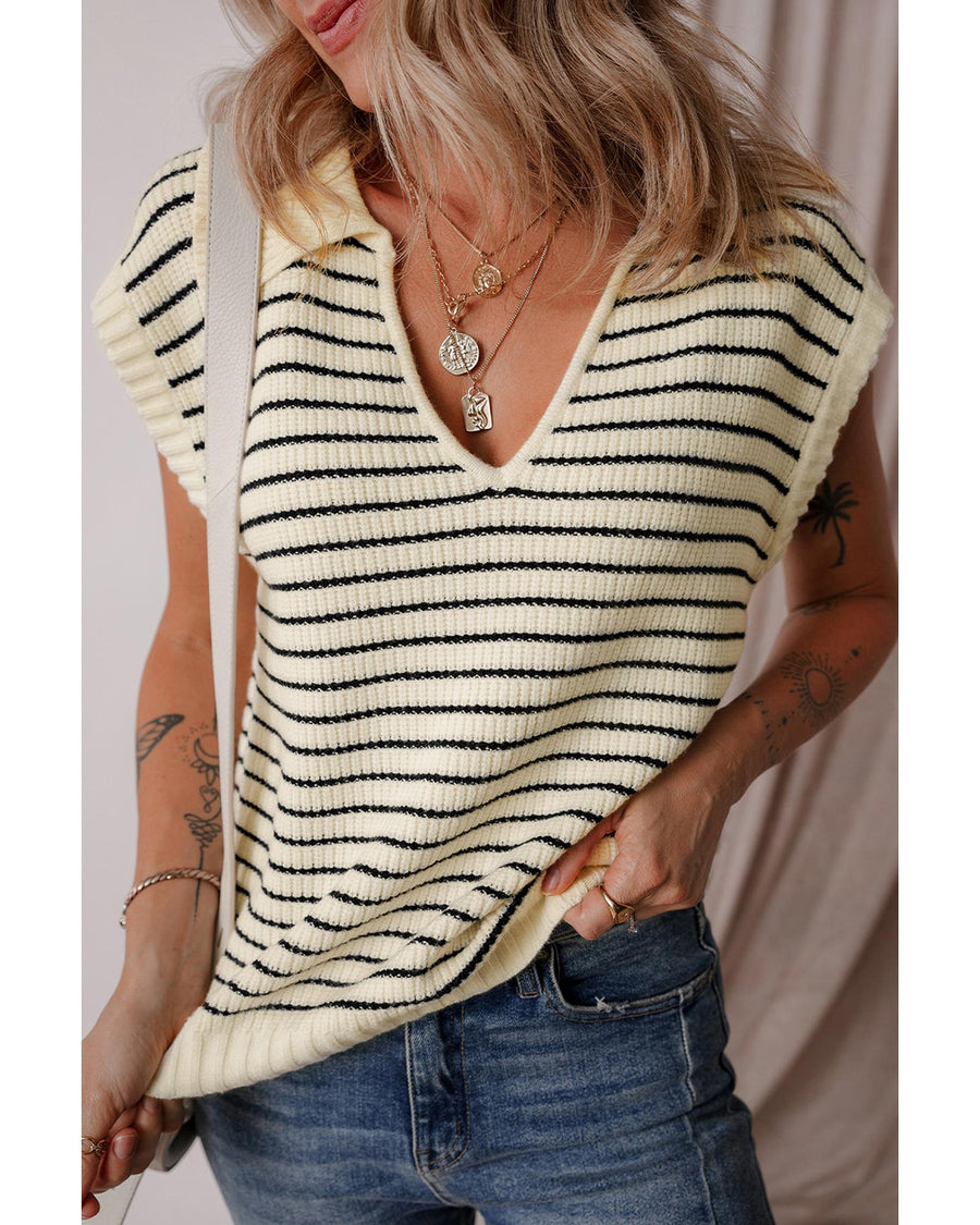 Beige Stripe Turn-down V Neck Sweater Tank Top - M