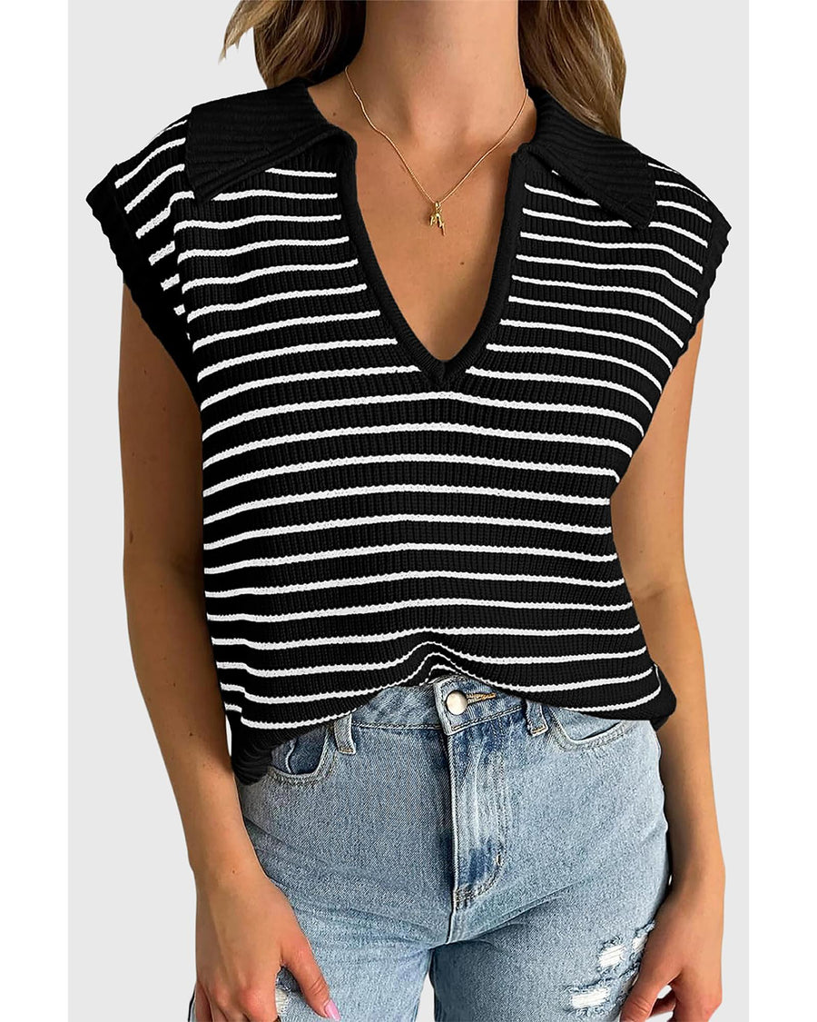 Black Stripe Turn-down V Neck Sweater Tank Top - M