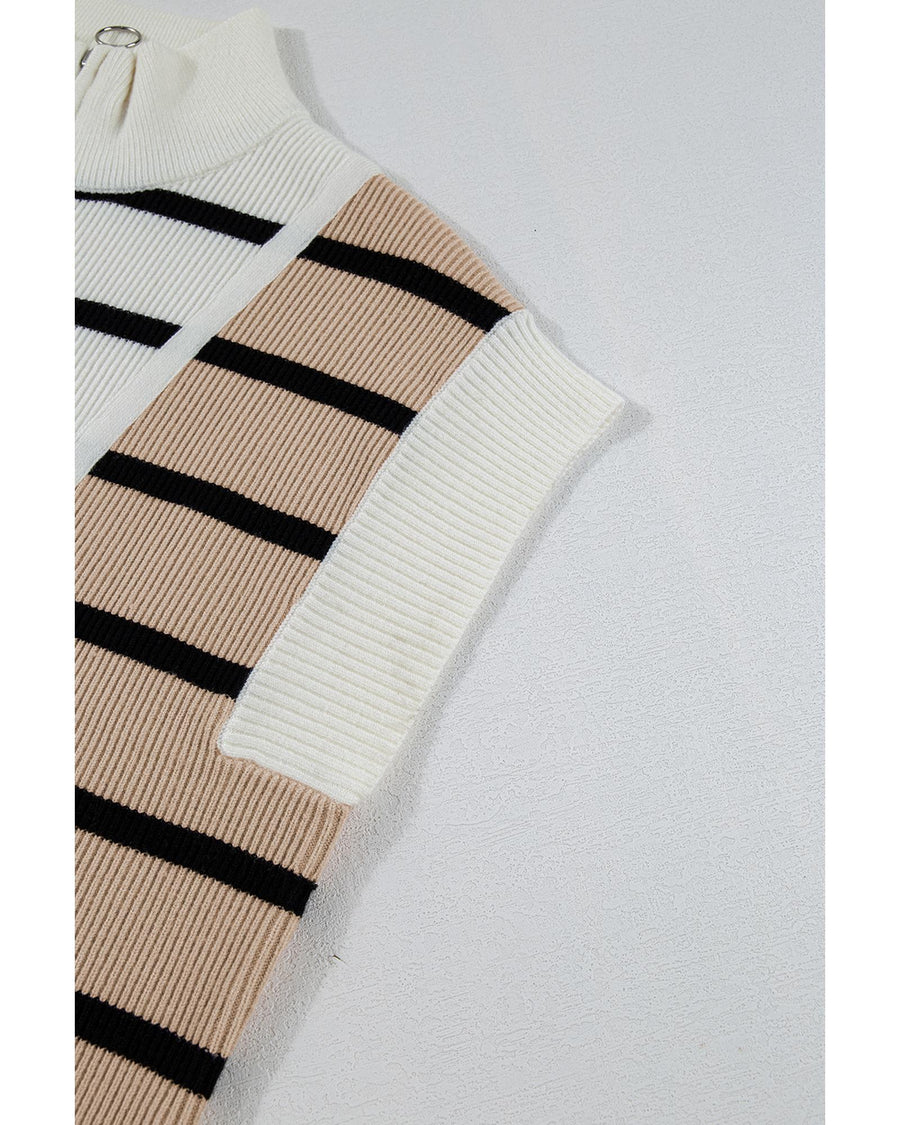 Black Stripe Colorblock Quarter Zip Collar Sweater Vest - L
