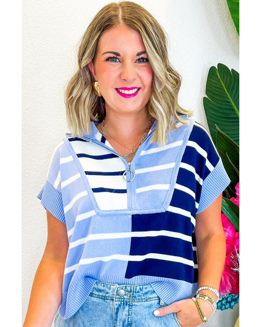 Sky Blue Stripe Colorblock Quarter Zip Collar Sweater Vest - XL