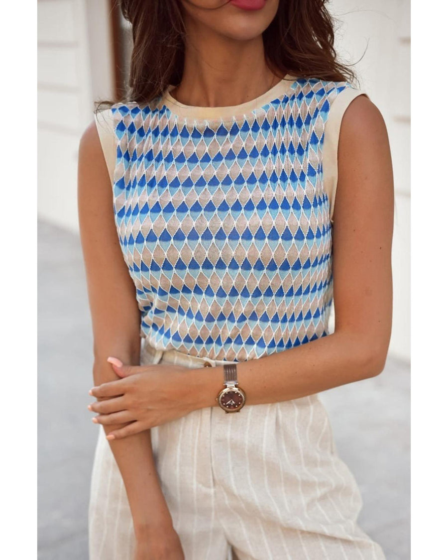 Sky Blue Stripe Geometric Print Round Neck Slim Fit Sweater Vest - M
