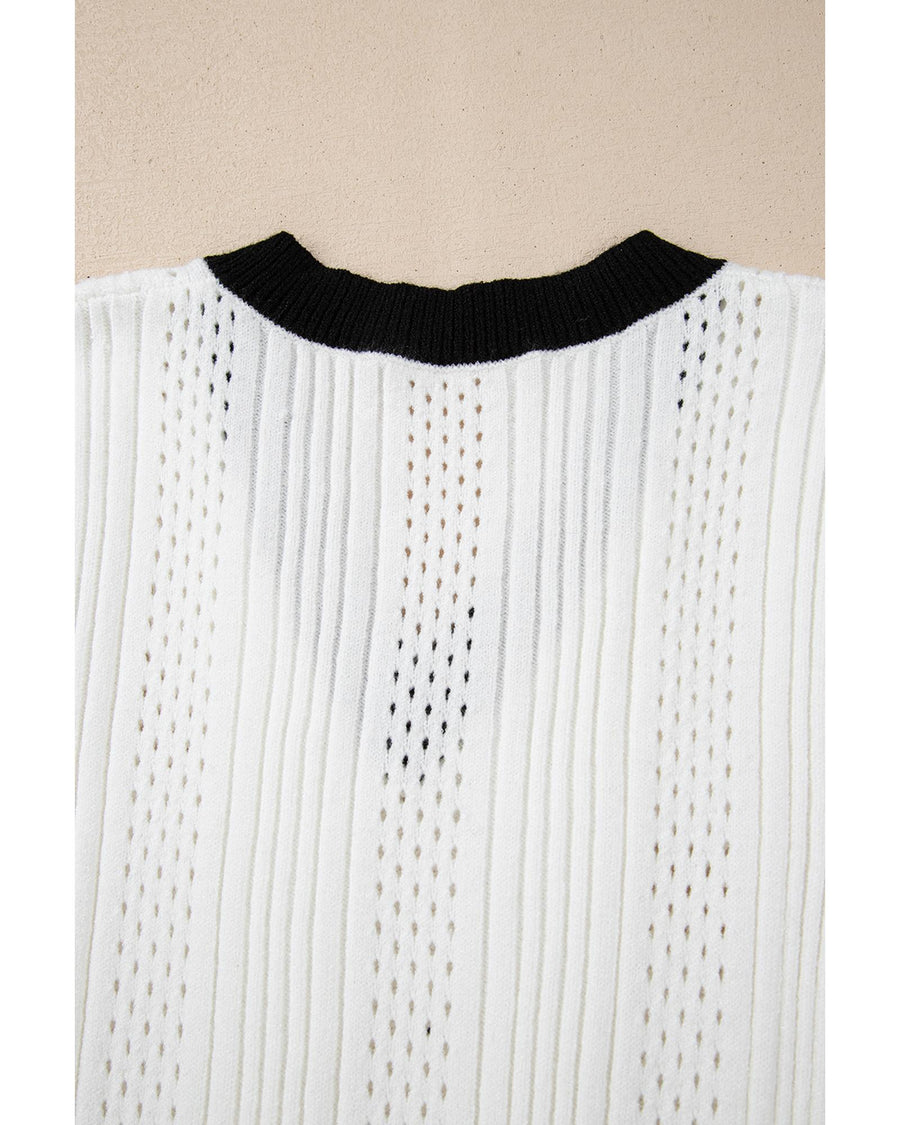 White Contrast Trim Eyelet Knit Colorblock V Neck Sweater Vest - L