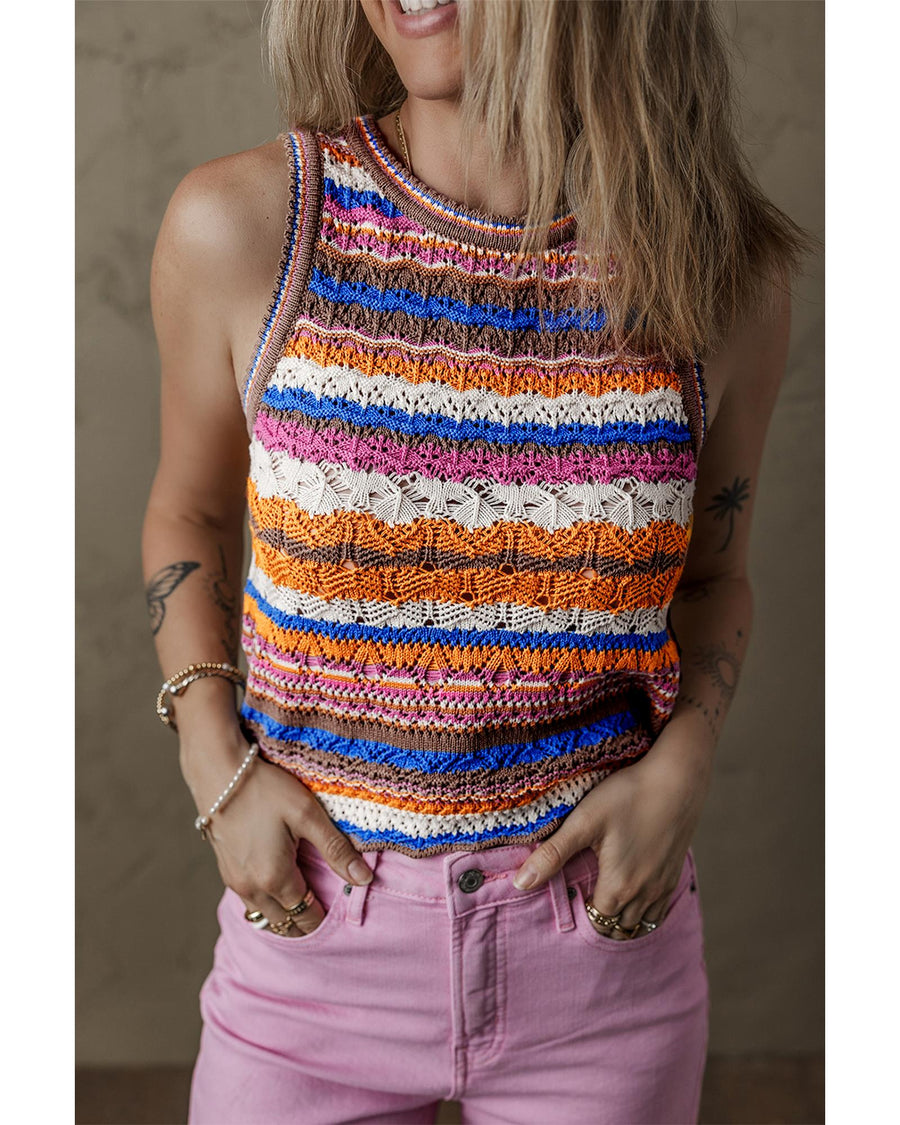 Dark Blue Striped Textured Knit Crew Neck Sweater Vest - XL