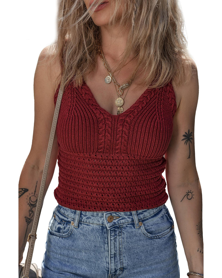 Burgundy Cable Knit Pointelle Slim Fit V Neck Sweater Vest - XL