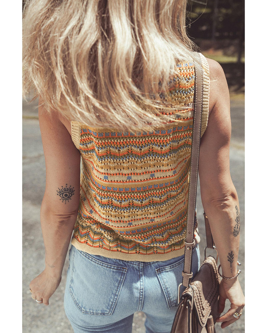 Brown Stripe Eyelet Crochet Round Neck Sweater Vest - S