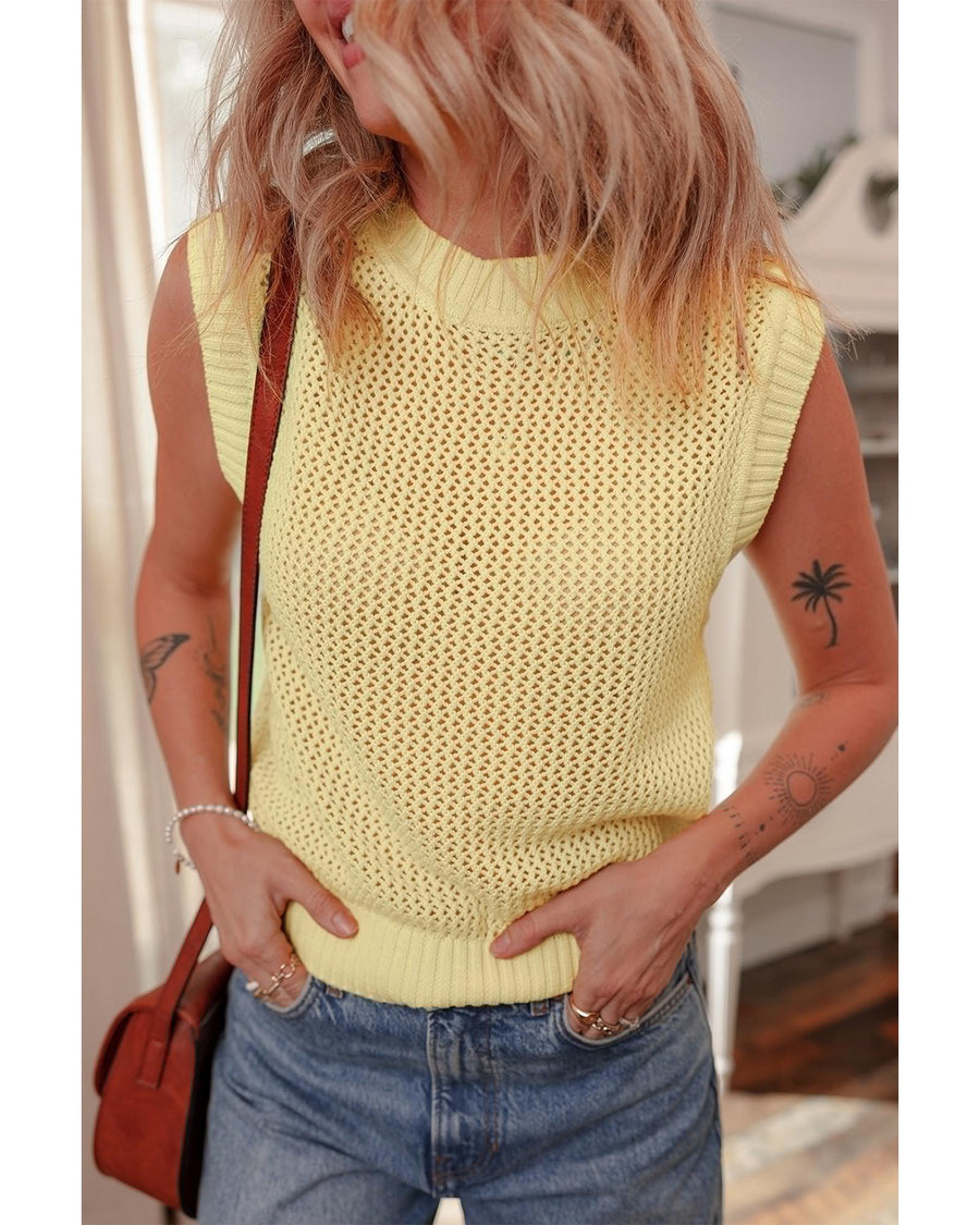 Yellow Solid Color Hollowed Knit Round Neck Sweater Vest - XL