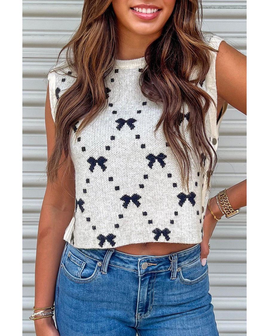 White Bow Pattern Buttoned Side Cropped Sweater Vest - M