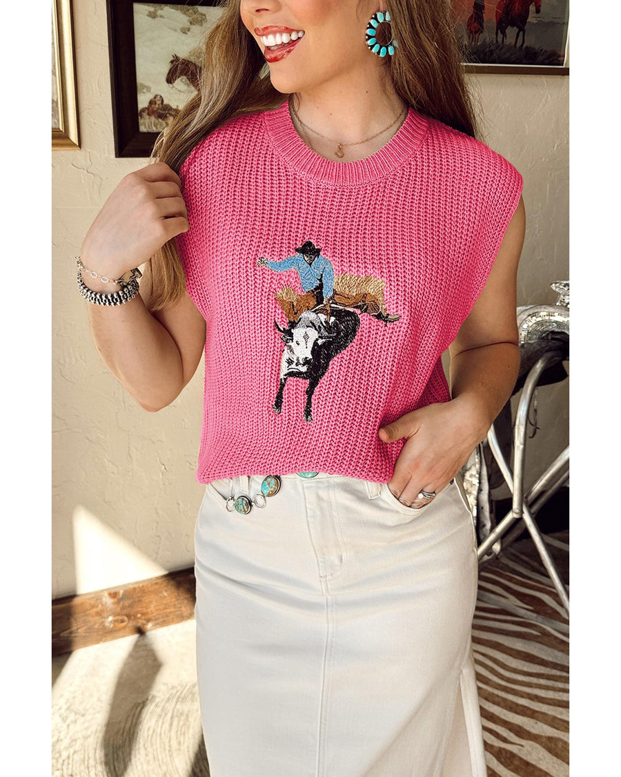 Bright Pink Western Cowboy Embroidery Round Neck Sleeveless Sweater - M