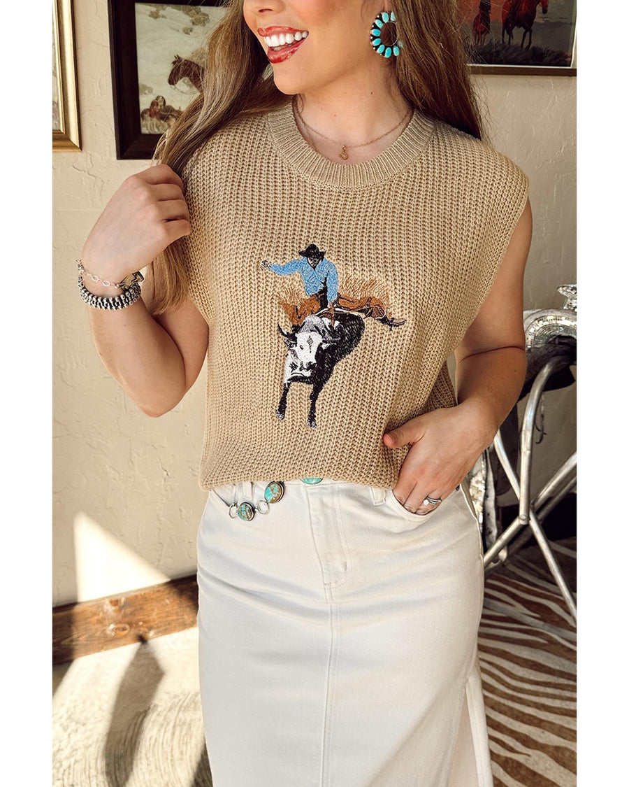 Parchment Western Cowboy Embroidery Round Neck Sleeveless Sweater - S