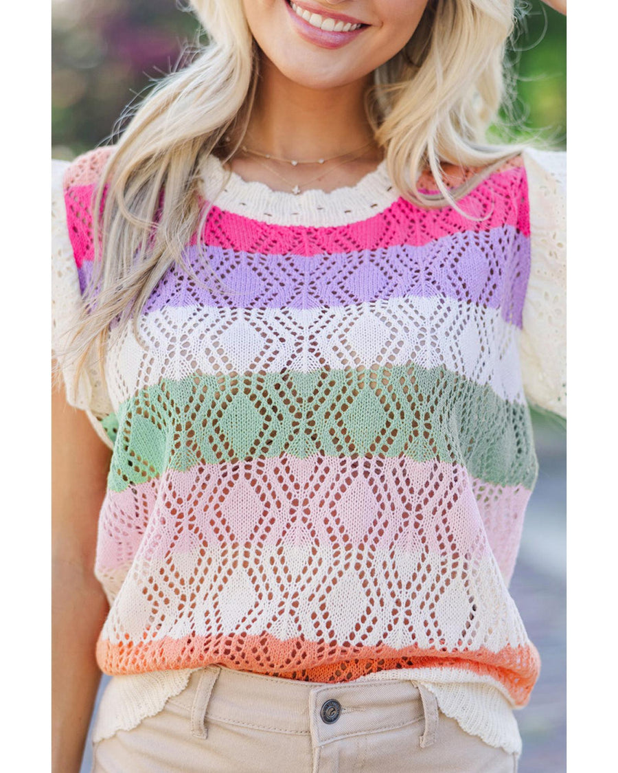 Rose Stripe Colorblock Hollowed Knit Scallop Edge Sweater Vest - L
