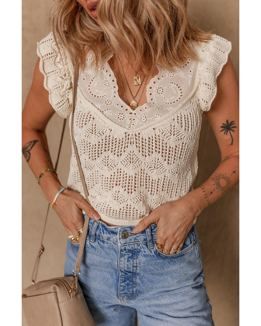 Beige Embroidered Patchwork Hollow Out Knitted Ruffle Sweater Vest - L
