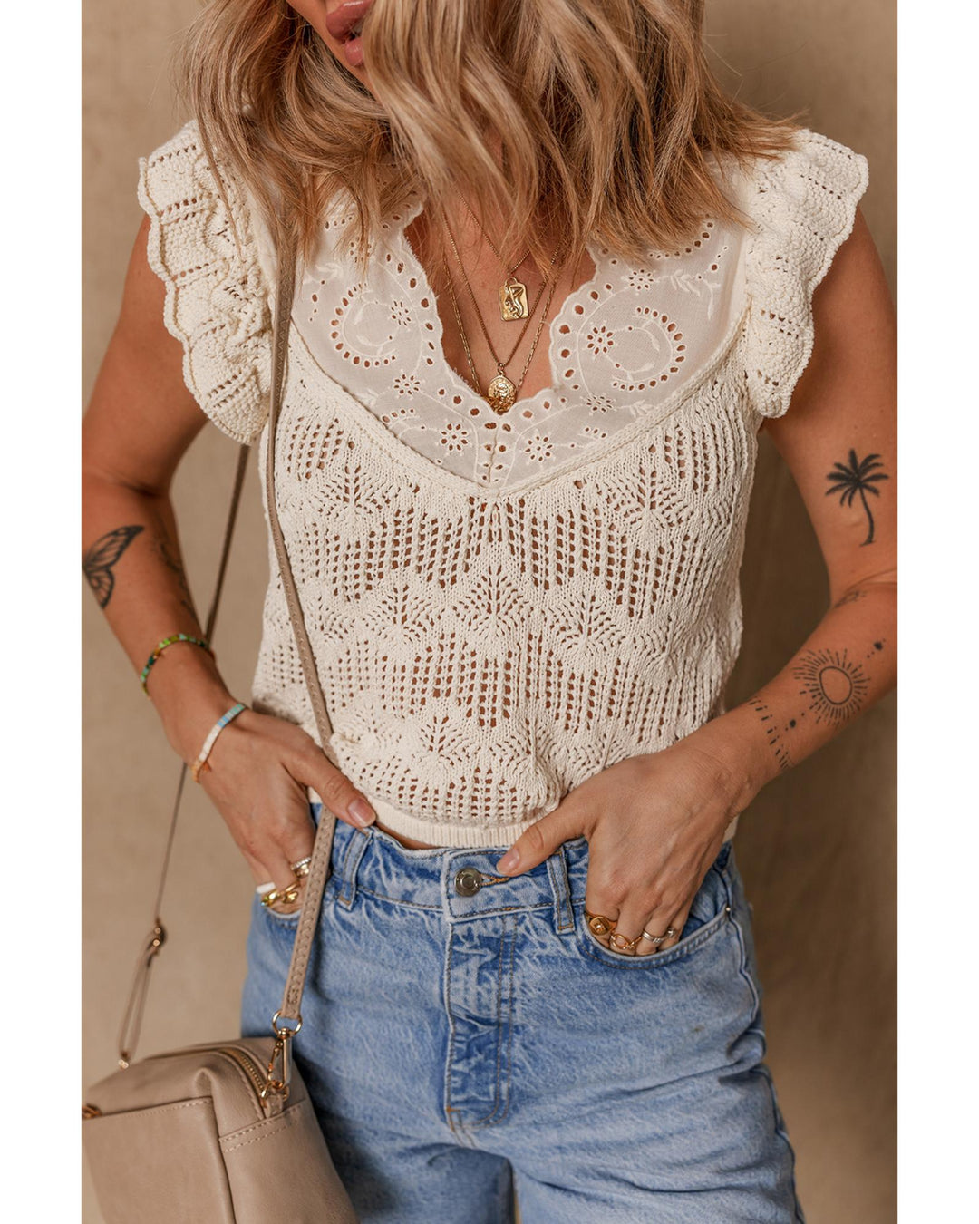 Beige Embroidered Patchwork Hollow Out Knitted Ruffle Sweater Vest - XL