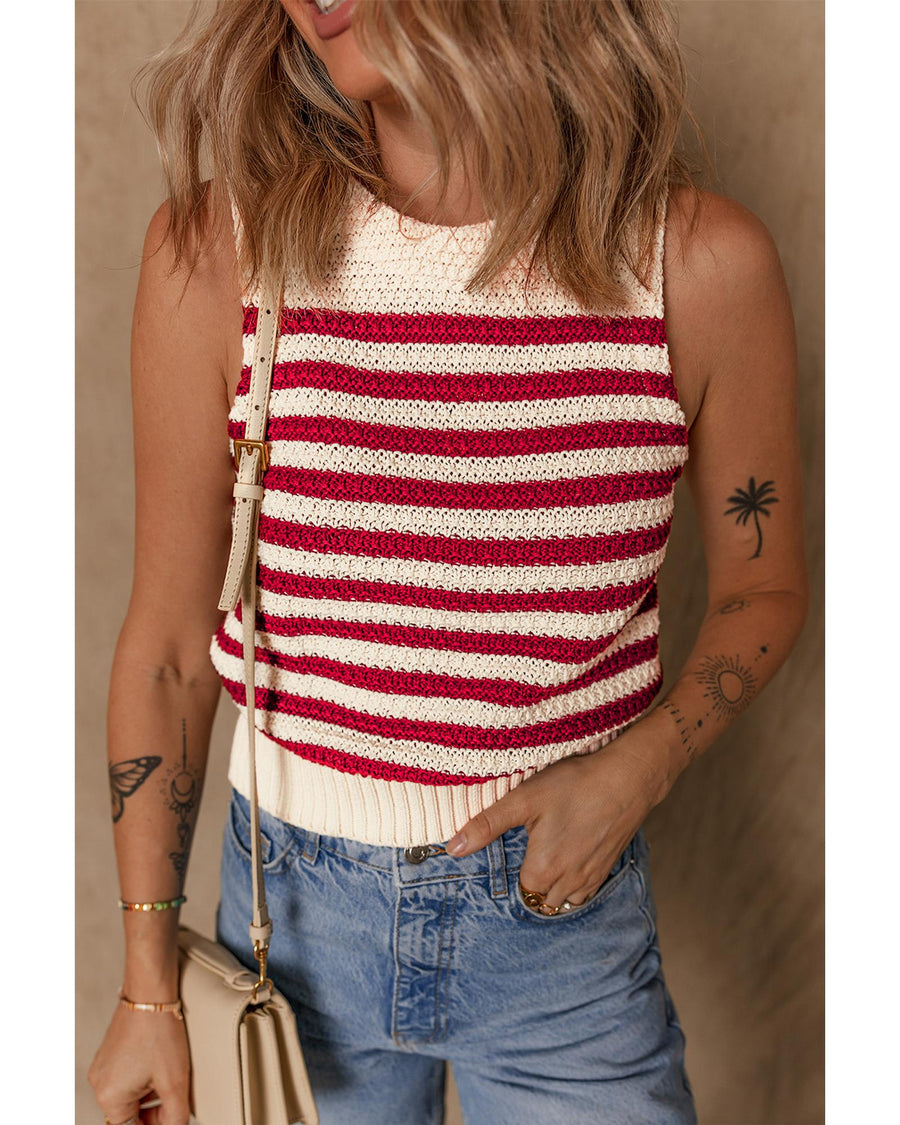 Red Stripe Textured Knit Ribbed Hem Sweater Tank Top - L