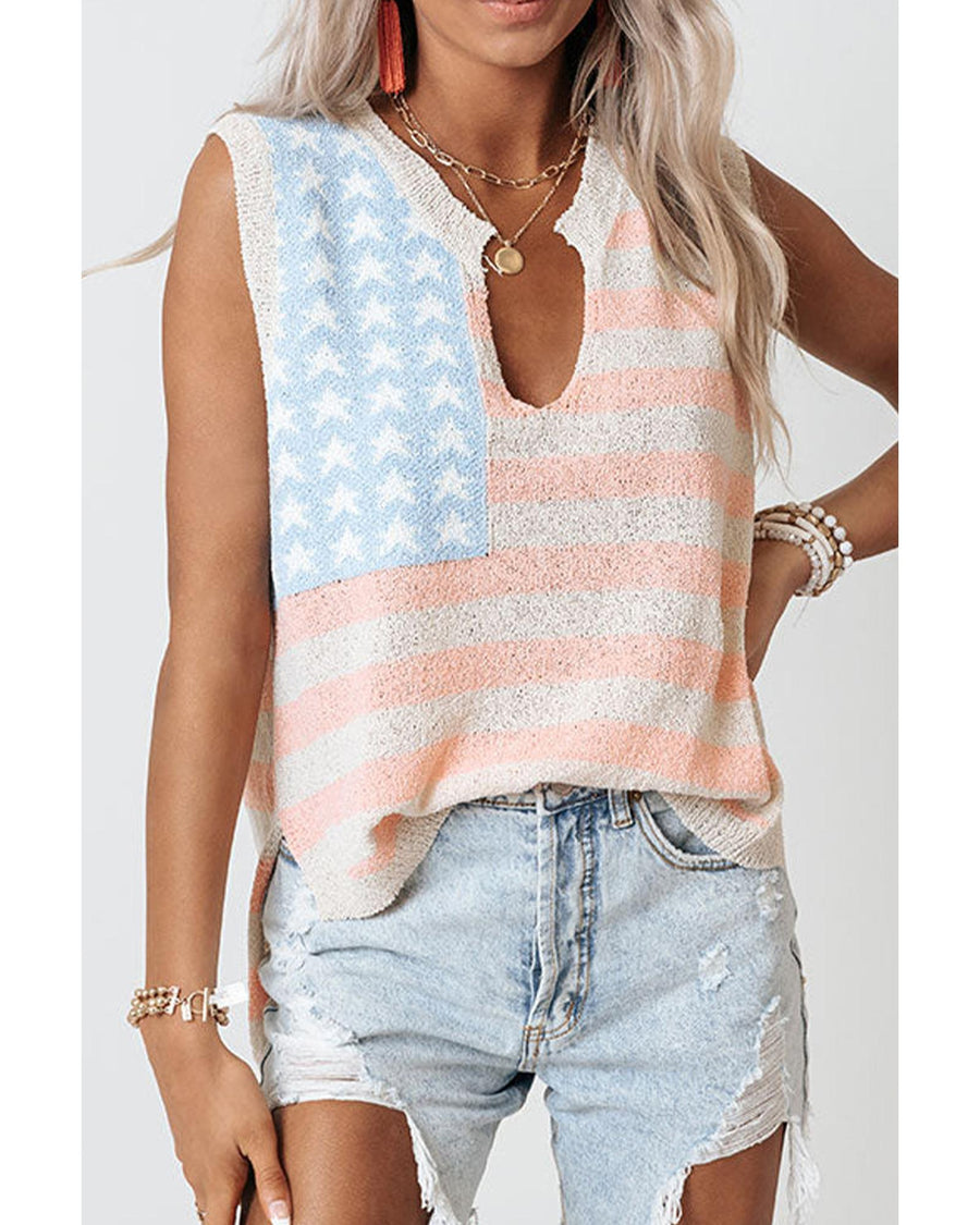 Beige USA Flag Notched Neckline Loose Sweater Vest - M