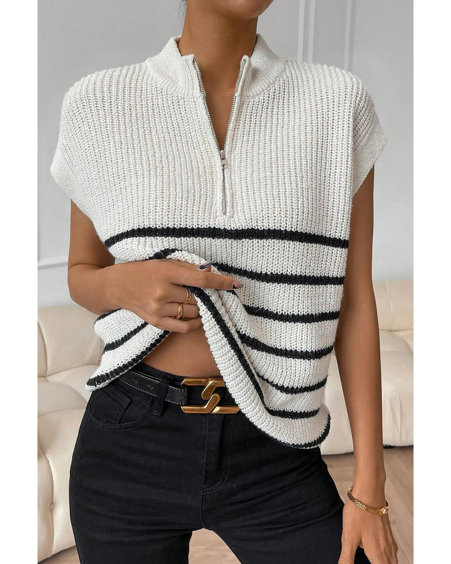 White Stripe Half Zip Split Stand Neck Sweater T-shirt - L