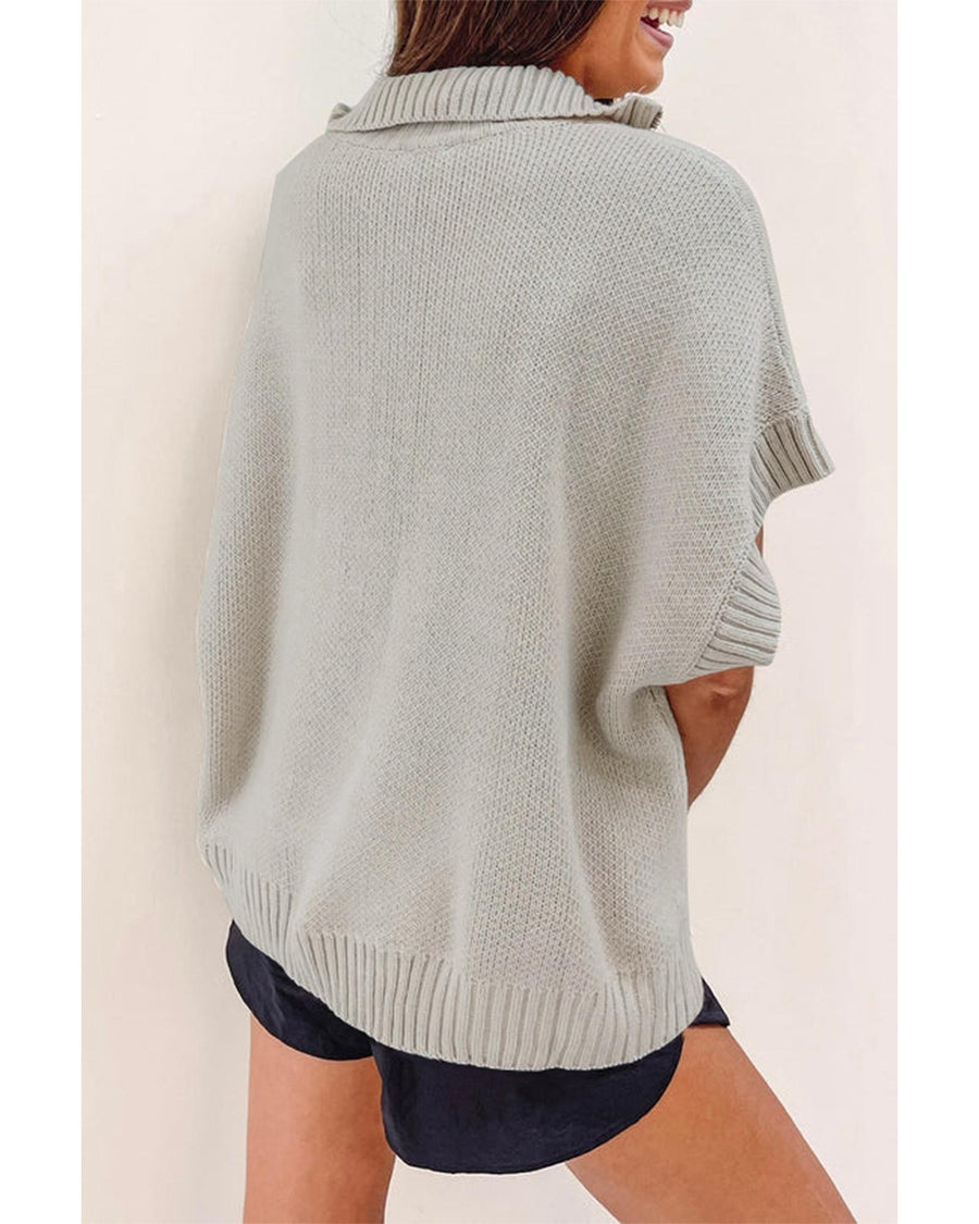 Light Grey Quarter Zip Short Batwing Sleeve Sweater - L